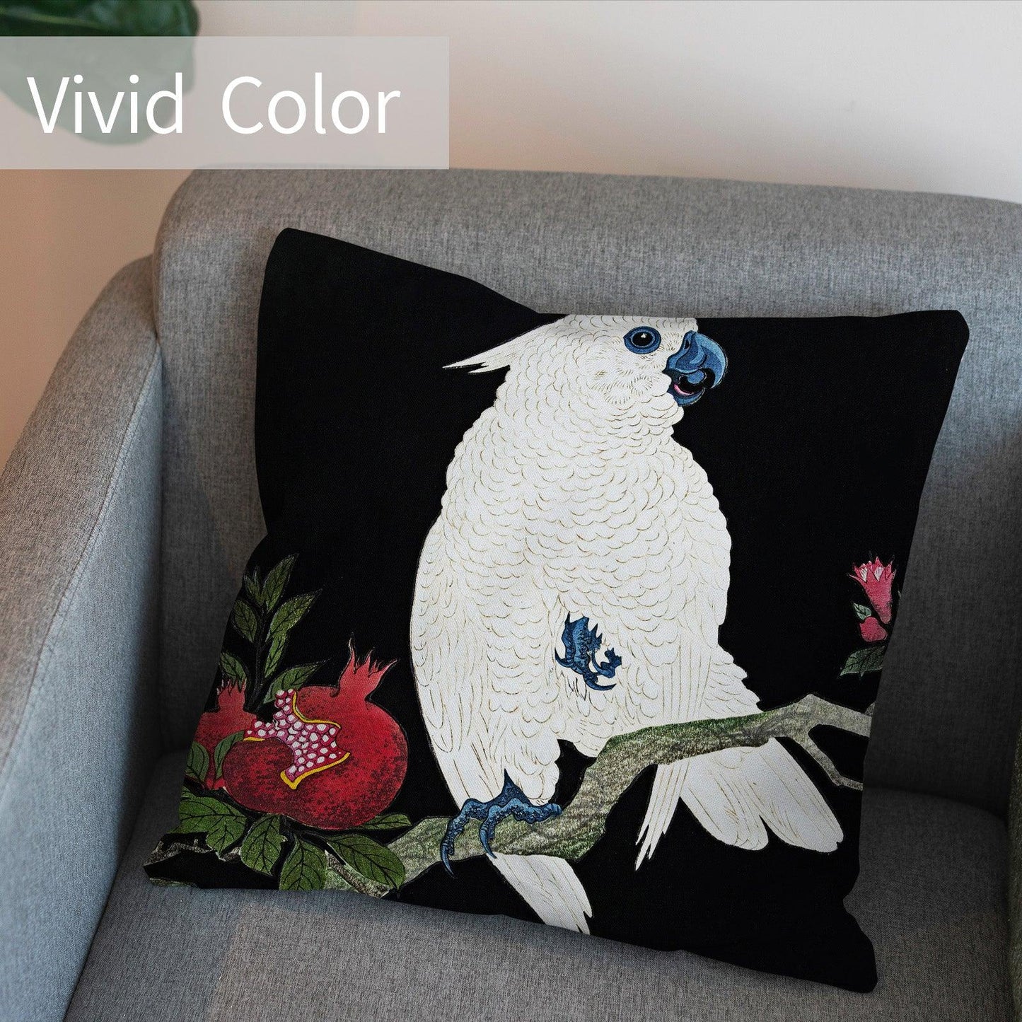 Art Animal Throw Pillow Covers Pack of 2 18x18 Inch (Cockatoo and Pomegranate by Ohara Koson) - Berkin Arts