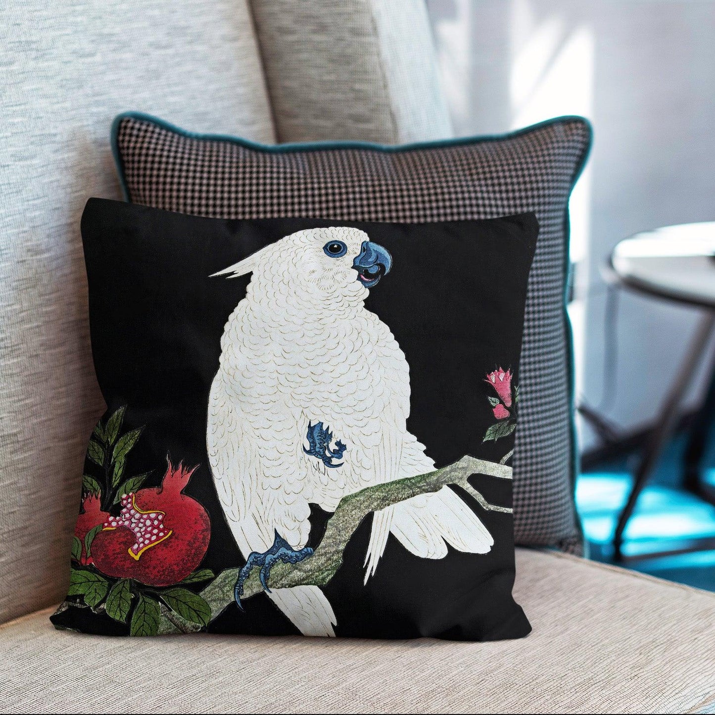 Art Animal Throw Pillow Covers Pack of 2 18x18 Inch (Cockatoo and Pomegranate by Ohara Koson) - Berkin Arts