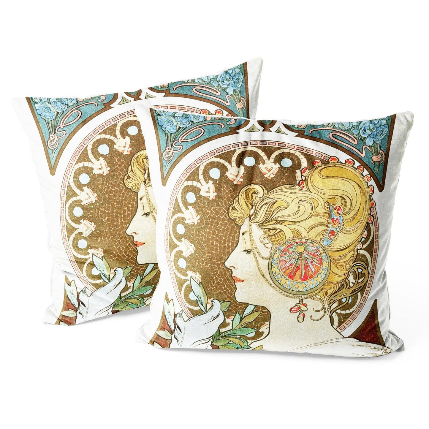 Art Decor Throw Pillow Covers Pack of 2 18x18 Inch (Feather by Alphonse Mucha) - Berkin Arts